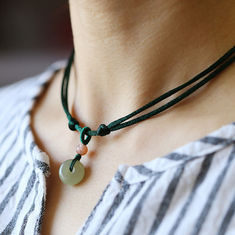 Nimara Ritual Natural Round Jade Peace Buckle Lotus Abundance String Necklace Pendant