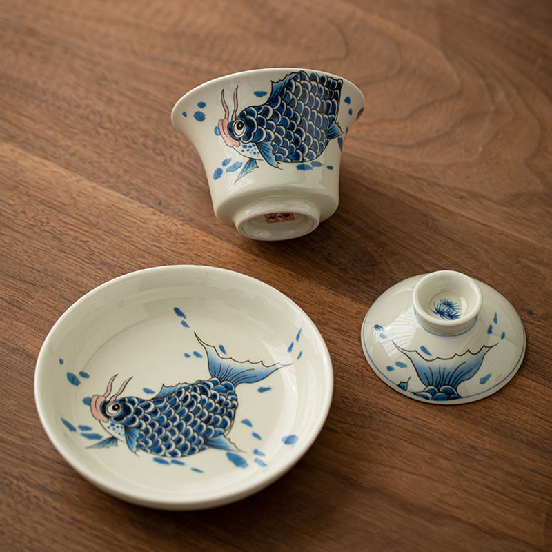 Nimara Ritual Koi Fish Arowana Ceramic Gaiwan Sancai Teacup Kung Fu Tea Cup With Lid 130ml