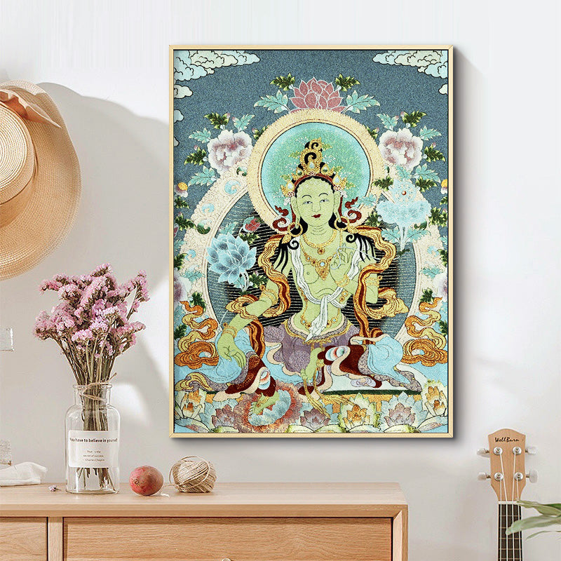 Nimara Ritual Tibetan Embroidery White Tara Thangka Tapestry Wall Hanging Wall Art Meditation for Home Decor