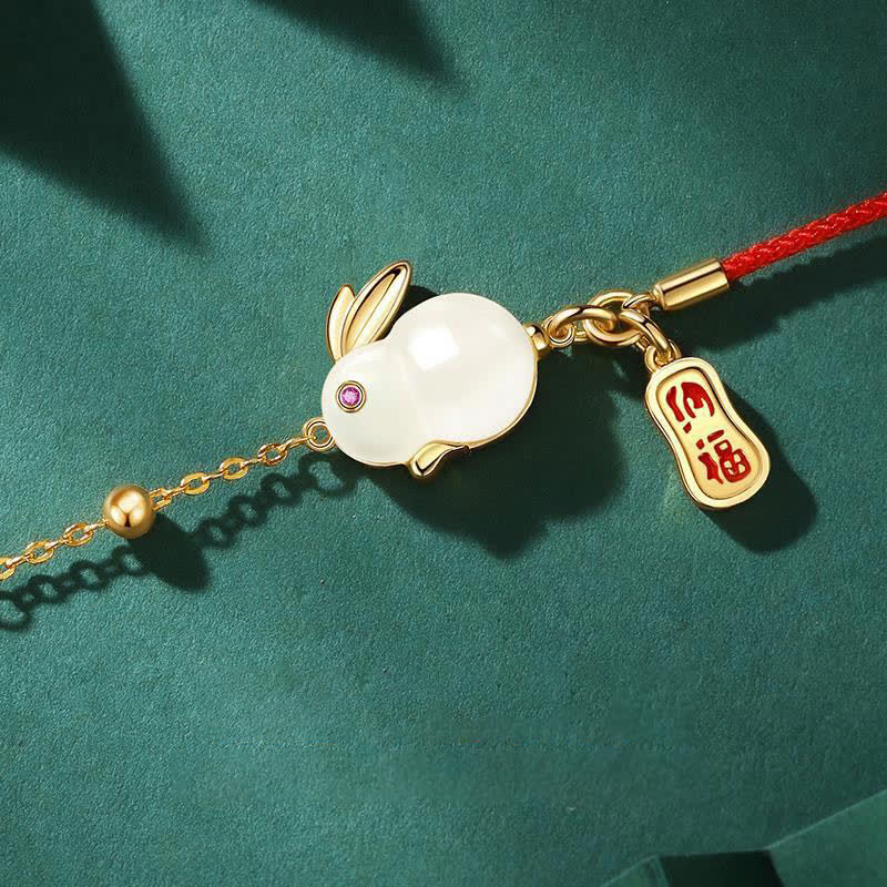Nimara Ritual Year of the Rabbit White Jade Happiness Red String Chain Bracelet