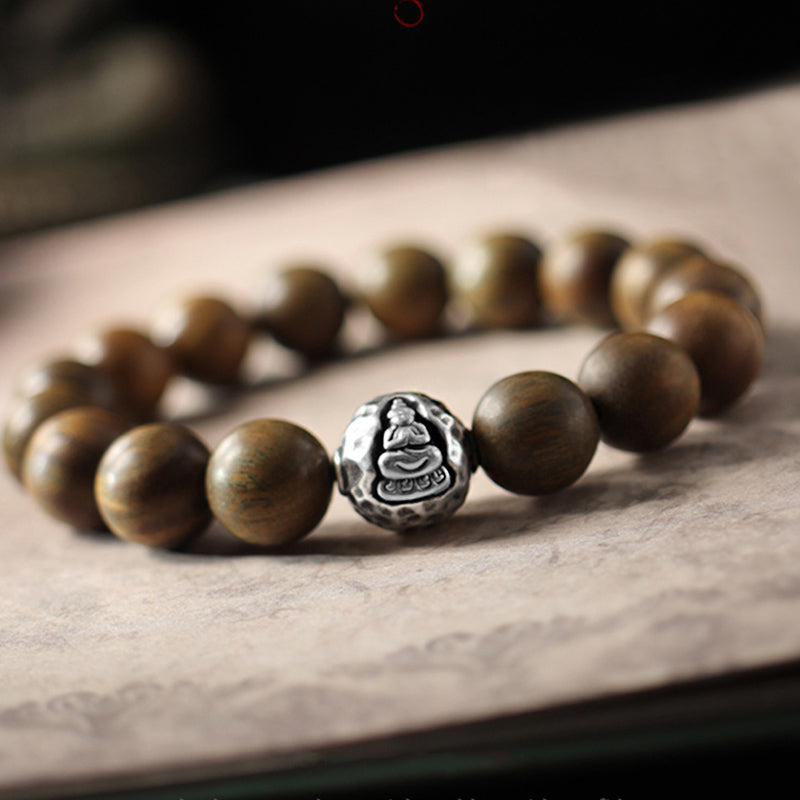 Nimara Ritual 999 Sterling Silver Green Sandalwood Small Leaf Red Sandalwood Buddha Cure Bracelet