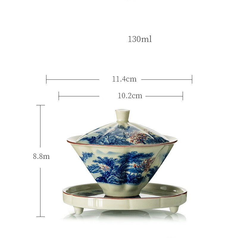 Nimara Ritual Pine Mountain Forest Landscape Ceramic Gaiwan Sancai Teacup Kung Fu Tea Cup And Saucer With Lid