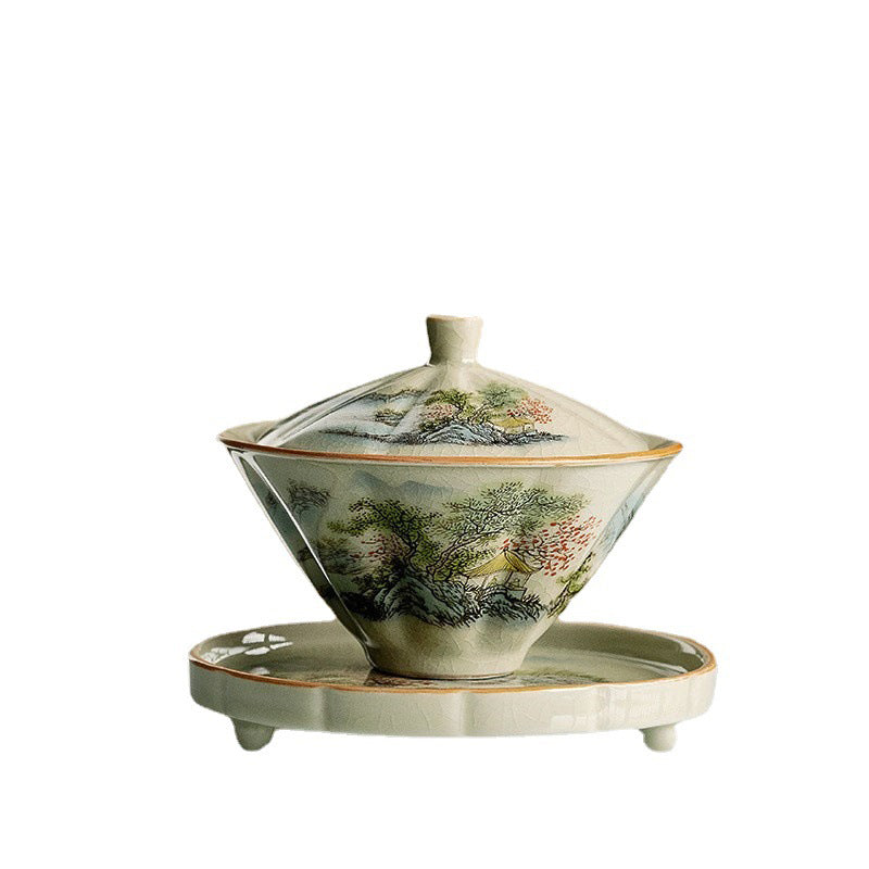Nimara Ritual Pine Mountain Forest Landscape Ceramic Gaiwan Sancai Teacup Kung Fu Tea Cup And Saucer With Lid