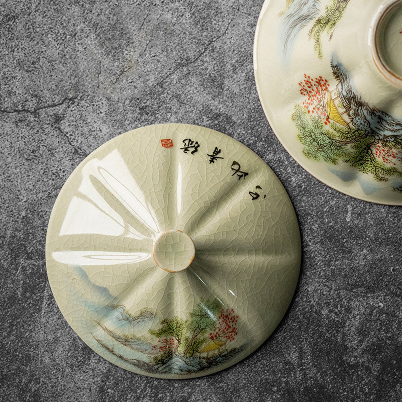 Nimara Ritual Pine Mountain Forest Landscape Ceramic Gaiwan Sancai Teacup Kung Fu Tea Cup And Saucer With Lid
