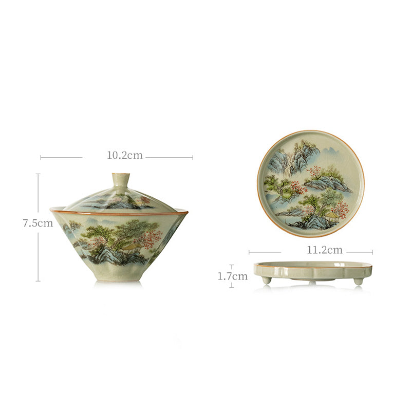 Nimara Ritual Pine Mountain Forest Landscape Ceramic Gaiwan Sancai Teacup Kung Fu Tea Cup And Saucer With Lid