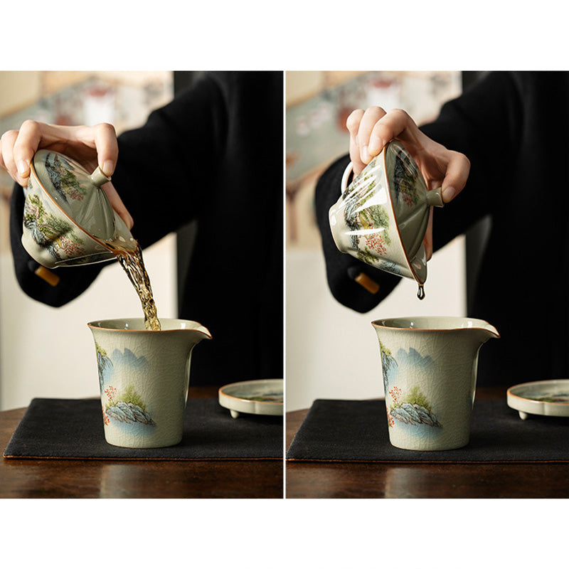 Nimara Ritual Pine Mountain Forest Landscape Ceramic Gaiwan Sancai Teacup Kung Fu Tea Cup And Saucer With Lid