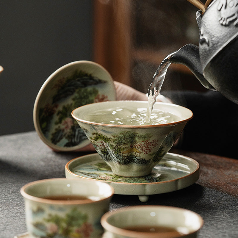 Nimara Ritual Pine Mountain Forest Landscape Ceramic Gaiwan Sancai Teacup Kung Fu Tea Cup And Saucer With Lid