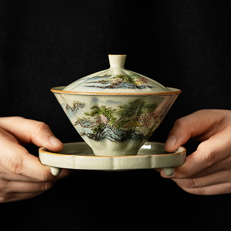 Nimara Ritual Pine Mountain Forest Landscape Ceramic Gaiwan Sancai Teacup Kung Fu Tea Cup And Saucer With Lid