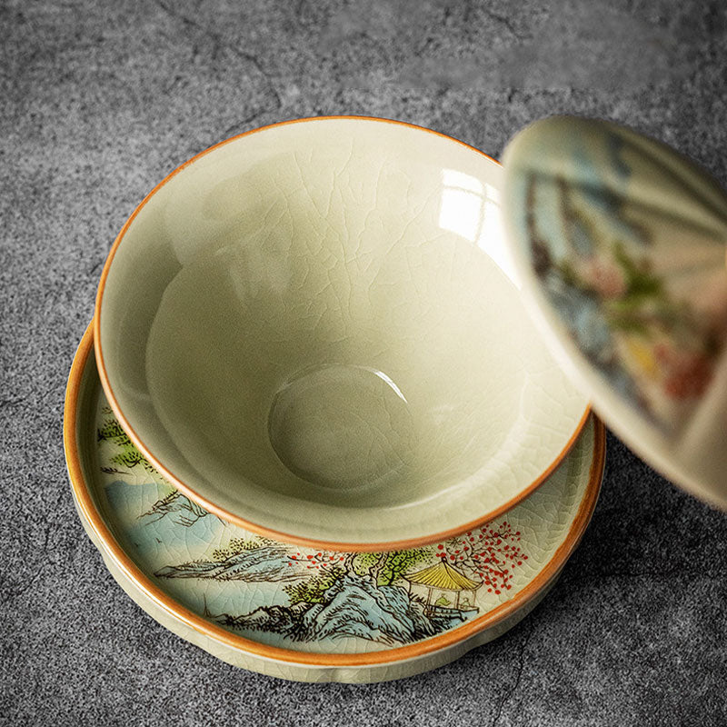 Nimara Ritual Pine Mountain Forest Landscape Ceramic Gaiwan Sancai Teacup Kung Fu Tea Cup And Saucer With Lid