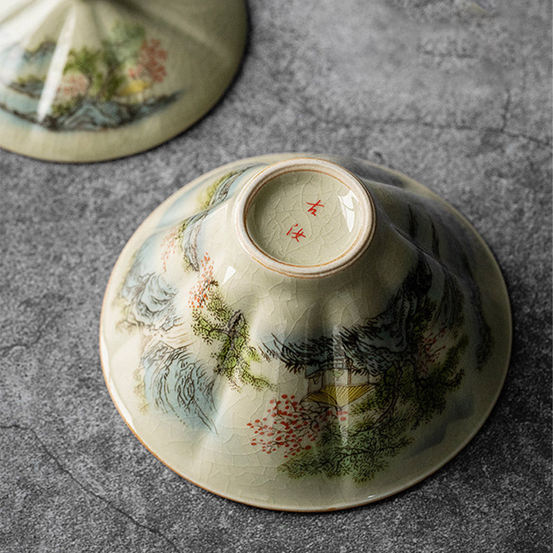 Nimara Ritual Pine Mountain Forest Landscape Ceramic Gaiwan Sancai Teacup Kung Fu Tea Cup And Saucer With Lid