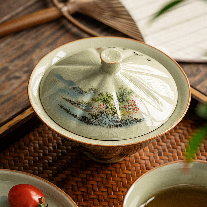 Nimara Ritual Pine Mountain Forest Landscape Ceramic Gaiwan Sancai Teacup Kung Fu Tea Cup And Saucer With Lid