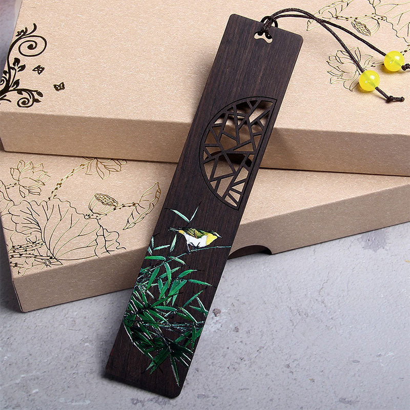 Nimara Ritual Green Lotus Bamboo Oriole Ebony Wood Bookmarks With Gift Box