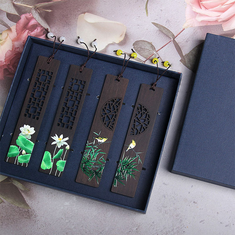 Nimara Ritual Green Lotus Bamboo Oriole Ebony Wood Bookmarks With Gift Box