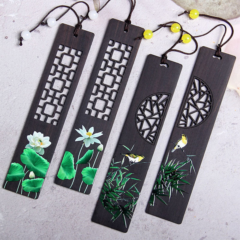 Nimara Ritual Green Lotus Bamboo Oriole Ebony Wood Bookmarks With Gift Box