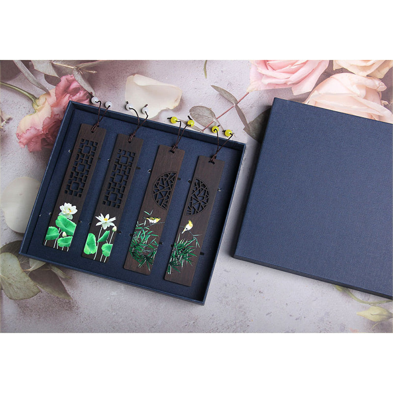 Nimara Ritual Green Lotus Bamboo Oriole Ebony Wood Bookmarks With Gift Box