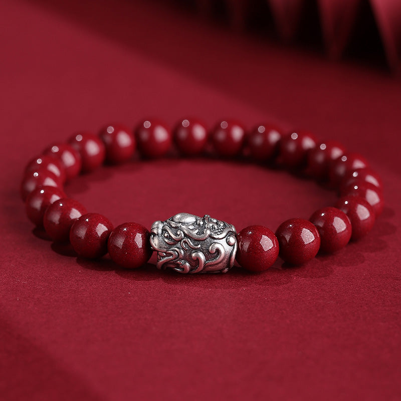 Nimara Ritual 999 Sterling Silver PiXiu Natural Cinnabar Wealth Luck Bracelet