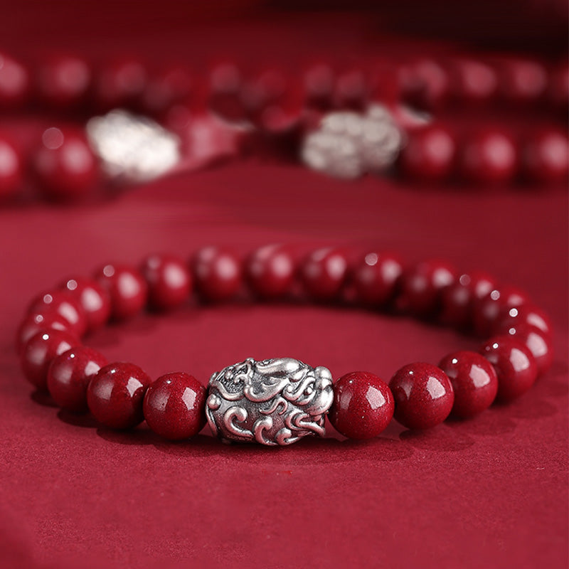 Nimara Ritual 999 Sterling Silver PiXiu Natural Cinnabar Wealth Luck Bracelet