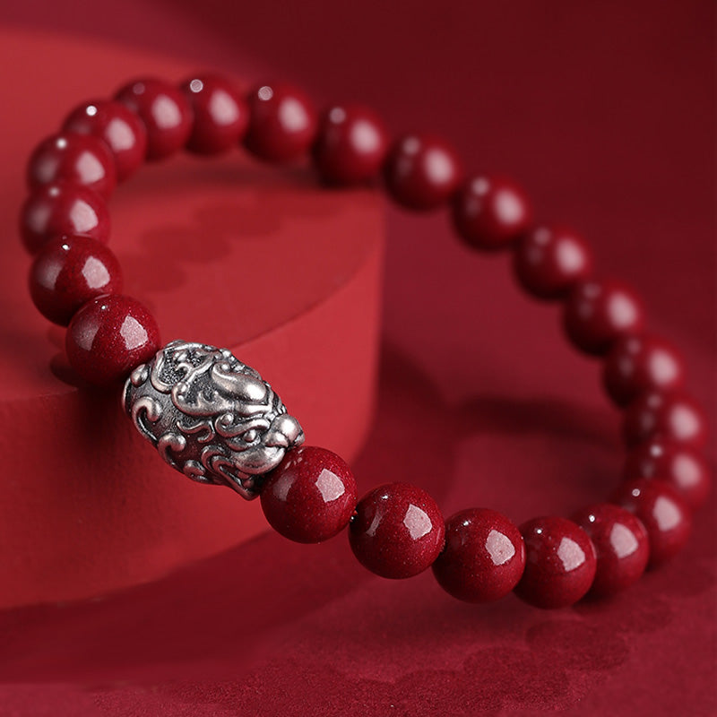 Nimara Ritual 999 Sterling Silver PiXiu Natural Cinnabar Wealth Luck Bracelet