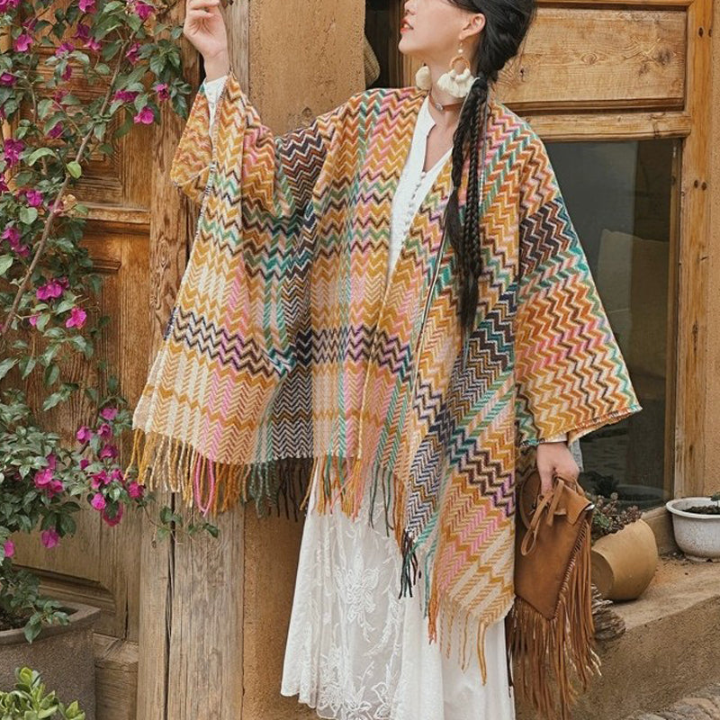 Nimara Ritual Tibetan Shawl Colorful Wavy Striped Shapes Tassels Winter Cozy Travel Scarf Wrap