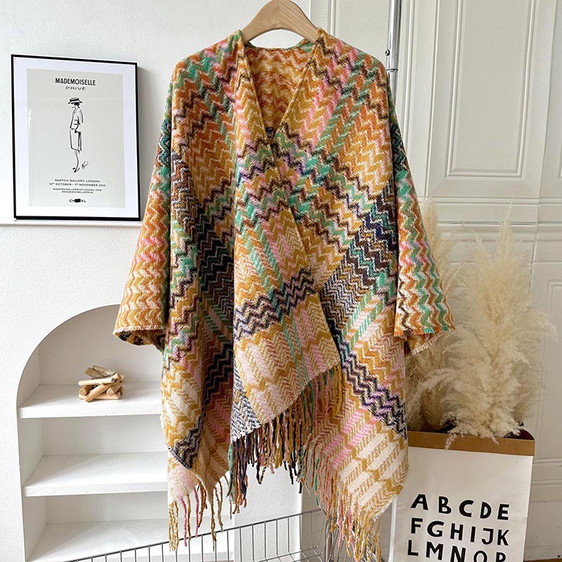 Nimara Ritual Tibetan Shawl Colorful Wavy Striped Shapes Tassels Winter Cozy Travel Scarf Wrap