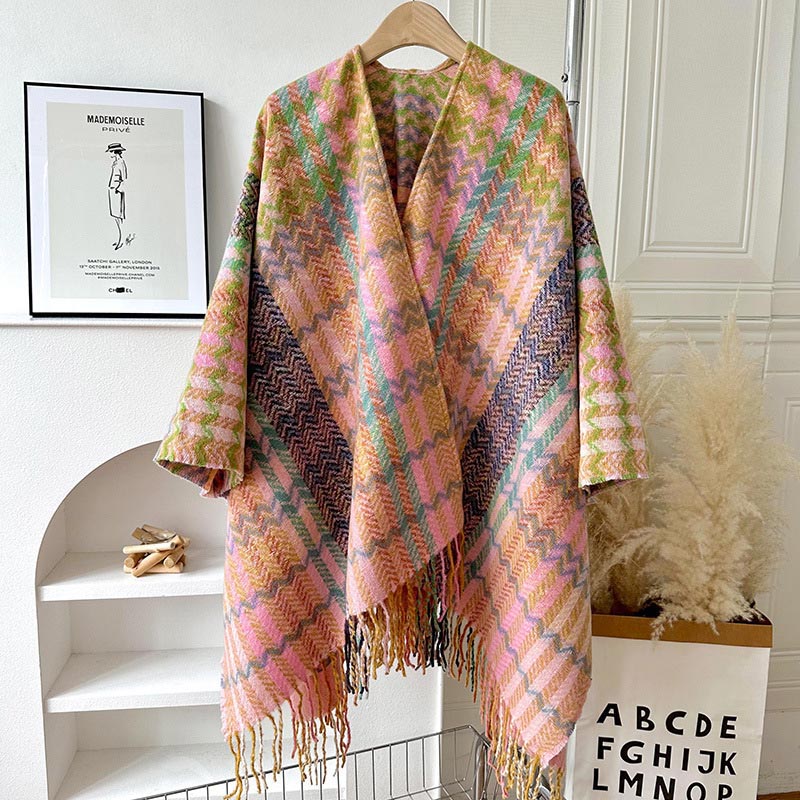 Nimara Ritual Tibetan Shawl Colorful Wavy Striped Shapes Tassels Winter Cozy Travel Scarf Wrap