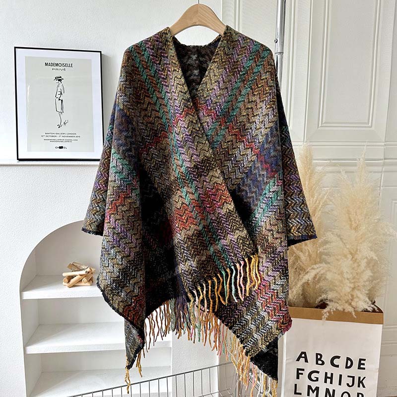 Nimara Ritual Tibetan Shawl Colorful Wavy Striped Shapes Tassels Winter Cozy Travel Scarf Wrap