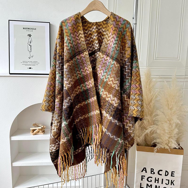 Nimara Ritual Tibetan Shawl Colorful Wavy Striped Shapes Tassels Winter Cozy Travel Scarf Wrap