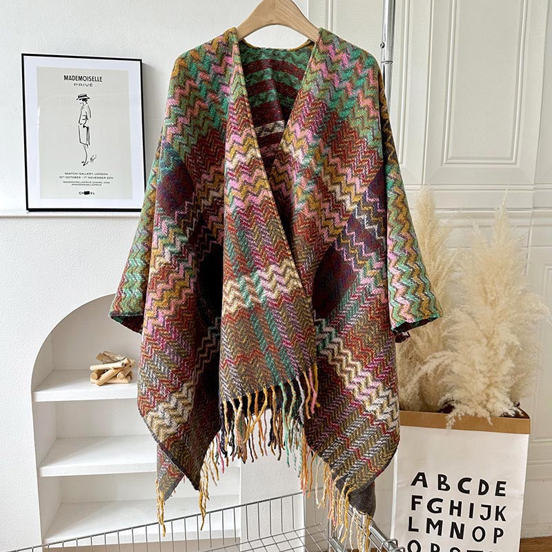 Nimara Ritual Tibetan Shawl Colorful Wavy Striped Shapes Tassels Winter Cozy Travel Scarf Wrap