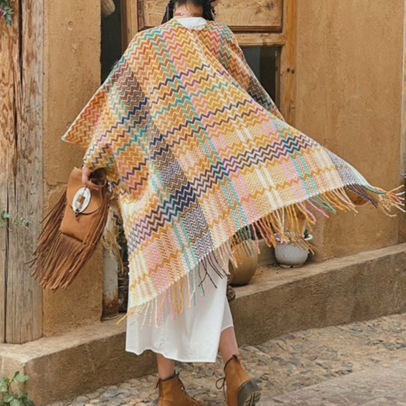 Nimara Ritual Tibetan Shawl Colorful Wavy Striped Shapes Tassels Winter Cozy Travel Scarf Wrap