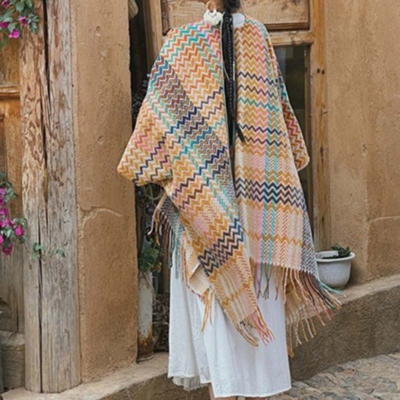 Nimara Ritual Tibetan Shawl Colorful Wavy Striped Shapes Tassels Winter Cozy Travel Scarf Wrap