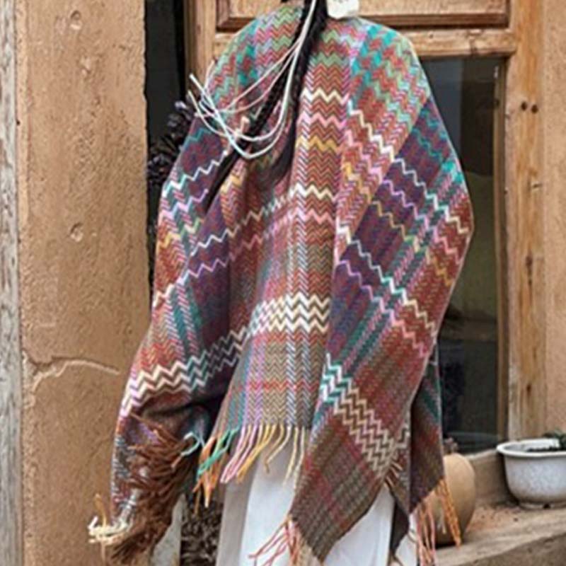 Nimara Ritual Tibetan Shawl Colorful Wavy Striped Shapes Tassels Winter Cozy Travel Scarf Wrap