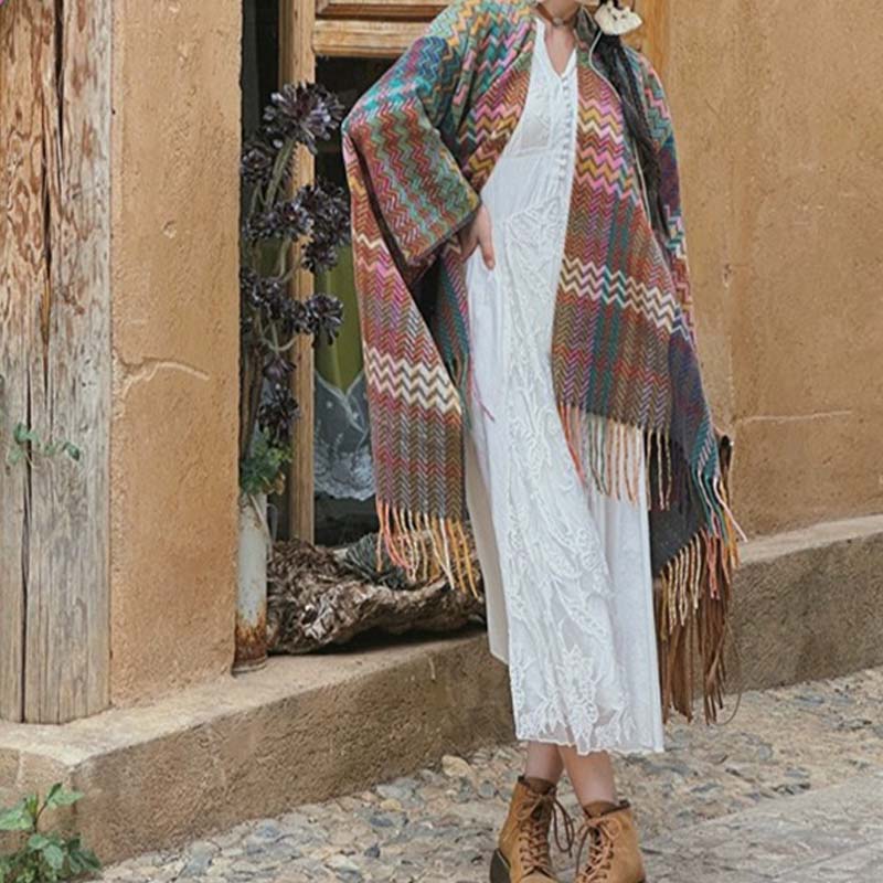 Nimara Ritual Tibetan Shawl Colorful Wavy Striped Shapes Tassels Winter Cozy Travel Scarf Wrap