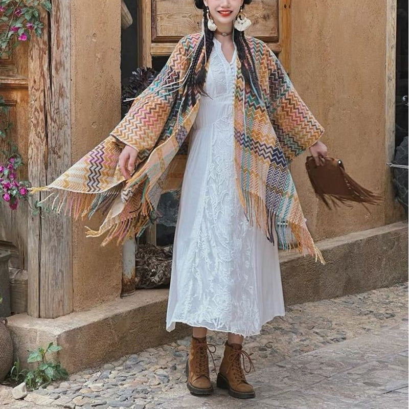 Nimara Ritual Tibetan Shawl Colorful Wavy Striped Shapes Tassels Winter Cozy Travel Scarf Wrap