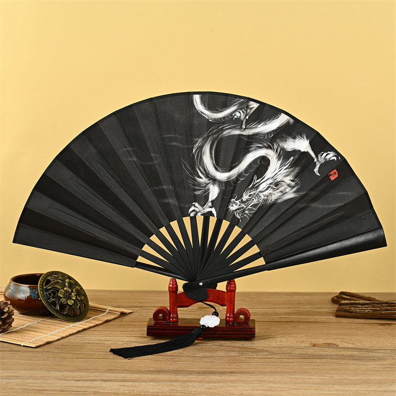 Nimara Ritual Dragon Phoenix Tiger Crane Eagle Wolf Koi Fish Handheld Folding Fan Lotus Tassel Fan