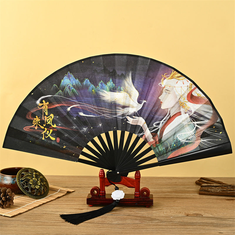 Nimara Ritual Dragon Phoenix Tiger Crane Eagle Wolf Koi Fish Handheld Folding Fan Lotus Tassel Fan