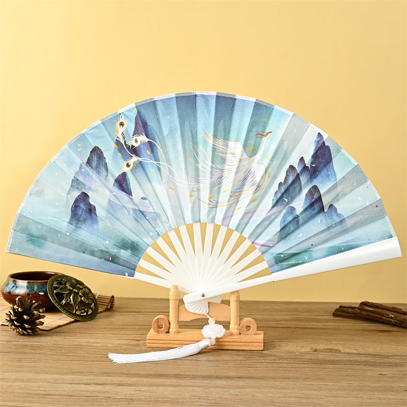 Nimara Ritual Dragon Phoenix Tiger Crane Eagle Wolf Koi Fish Handheld Folding Fan Lotus Tassel Fan