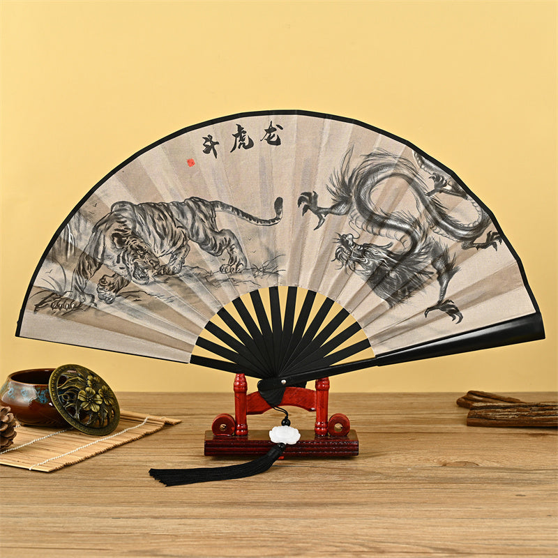 Nimara Ritual Dragon Phoenix Tiger Crane Eagle Wolf Koi Fish Handheld Folding Fan Lotus Tassel Fan