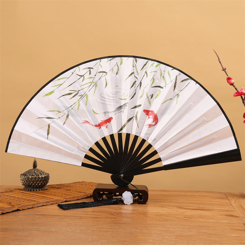Nimara Ritual Dragon Phoenix Tiger Crane Eagle Wolf Koi Fish Handheld Folding Fan Lotus Tassel Fan