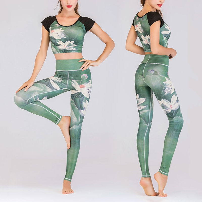 Nimara Ritual 2Pcs Lotus Phoenix Spring Flowers Peacock Print Top Pants Sports Fitness Yoga Women's Yoga Sets
