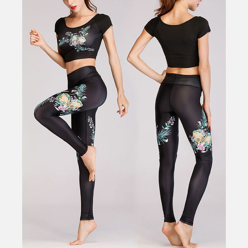 Nimara Ritual 2Pcs Lotus Phoenix Spring Flowers Peacock Print Top Pants Sports Fitness Yoga Women's Yoga Sets