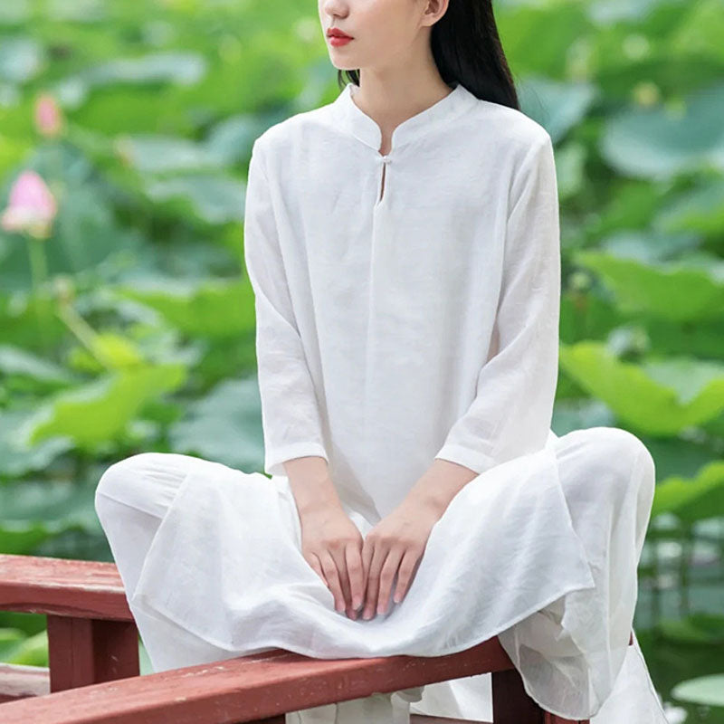 Nimara Ritual 2Pcs White Tai Chi Meditation Yoga Zen Cotton Linen Clothing Top Pants Women's Set