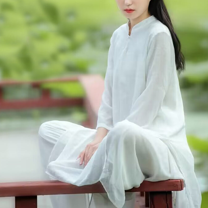 Nimara Ritual 2Pcs White Tai Chi Meditation Yoga Zen Cotton Linen Clothing Top Pants Women's Set