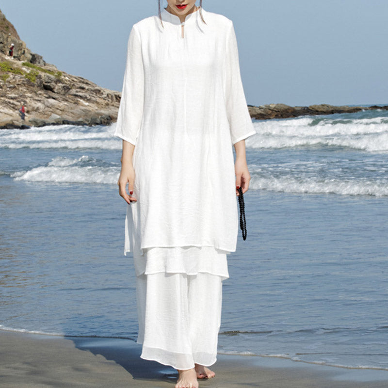 Nimara Ritual 2Pcs White Tai Chi Meditation Yoga Zen Cotton Linen Clothing Top Pants Women's Set