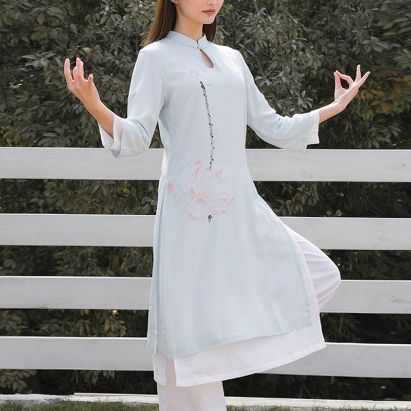 Nimara Ritual 2Pcs Lotus Pattern Tai Chi Meditation Yoga Cotton Linen Clothing Top Pants Women's Set