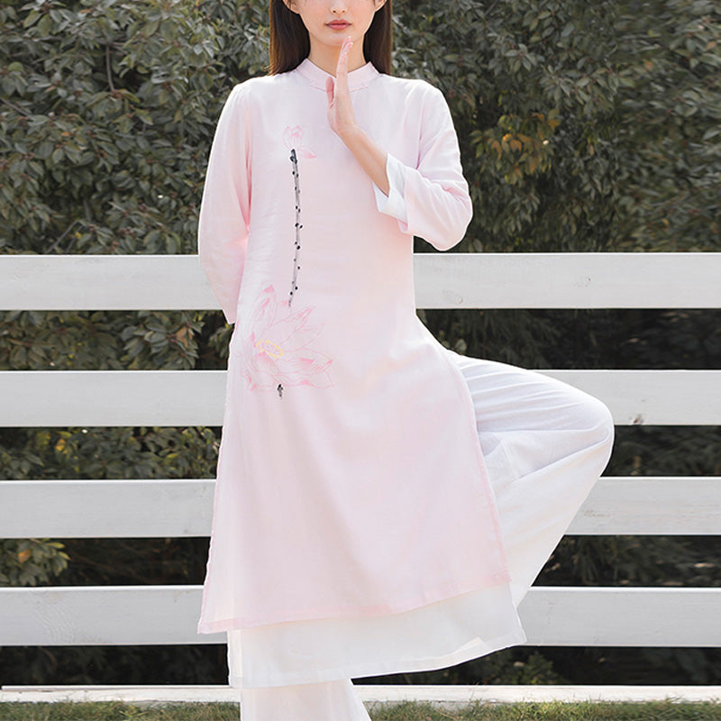 Nimara Ritual 2Pcs Lotus Pattern Tai Chi Meditation Yoga Cotton Linen Clothing Top Pants Women's Set