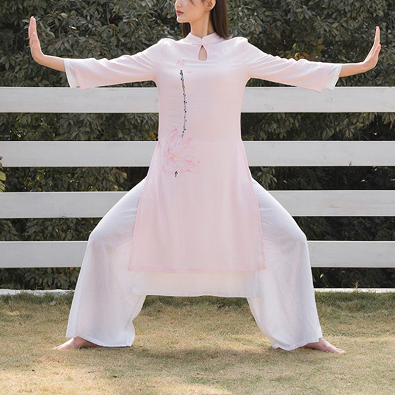 Nimara Ritual 2Pcs Lotus Pattern Tai Chi Meditation Yoga Cotton Linen Clothing Top Pants Women's Set