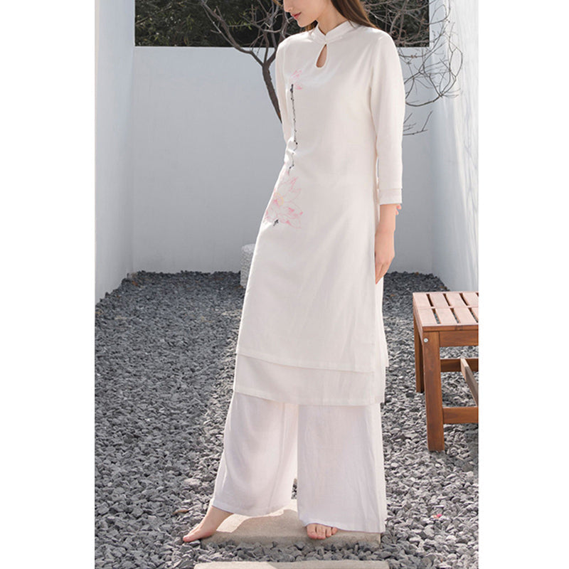 Nimara Ritual 2Pcs Lotus Pattern Tai Chi Meditation Yoga Cotton Linen Clothing Top Pants Women's Set