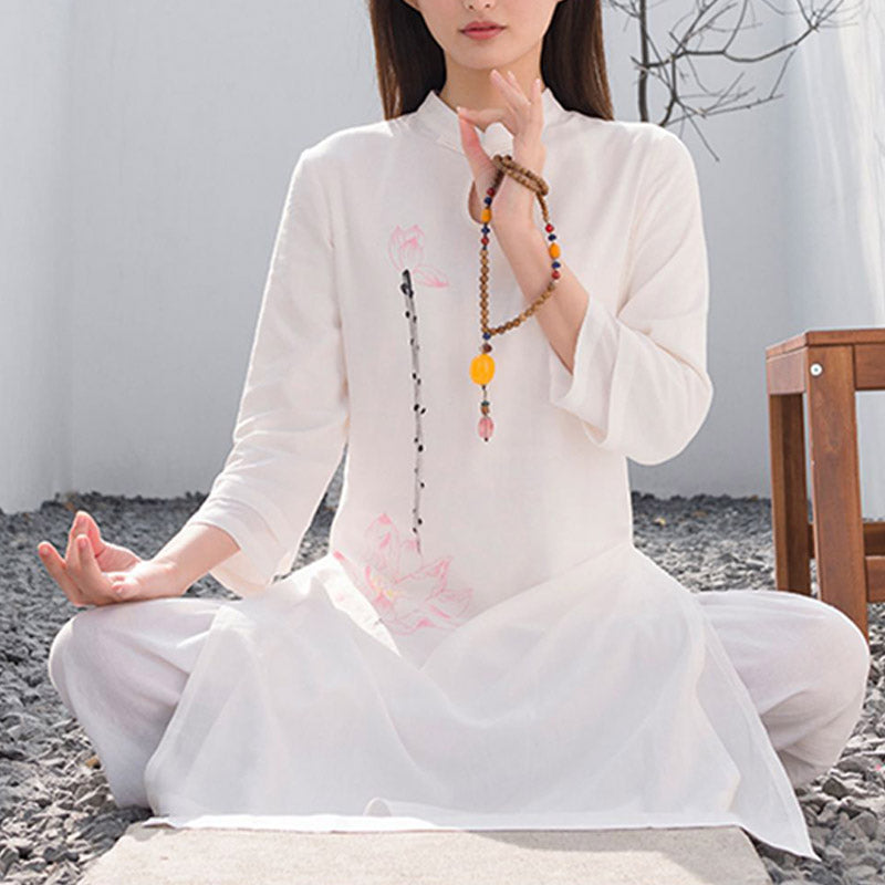 Nimara Ritual 2Pcs Lotus Pattern Tai Chi Meditation Yoga Cotton Linen Clothing Top Pants Women's Set
