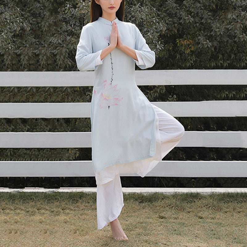 Nimara Ritual 2Pcs Lotus Pattern Tai Chi Meditation Yoga Cotton Linen Clothing Top Pants Women's Set