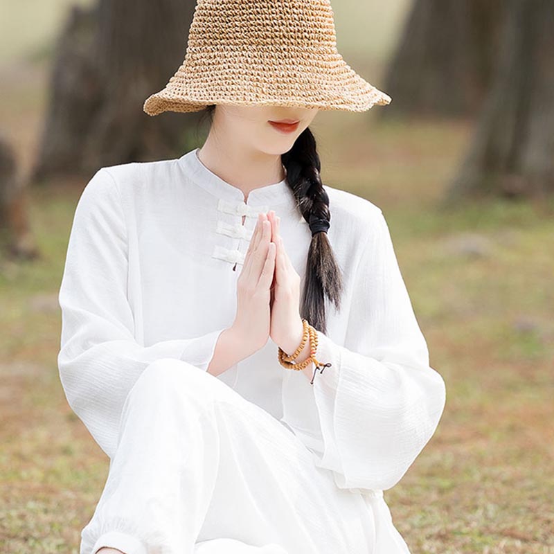 Nimara Ritual 2Pcs Plain Design Top Pants Meditation Yoga Zen Tai Chi Cotton Linen Clothing Women's Set